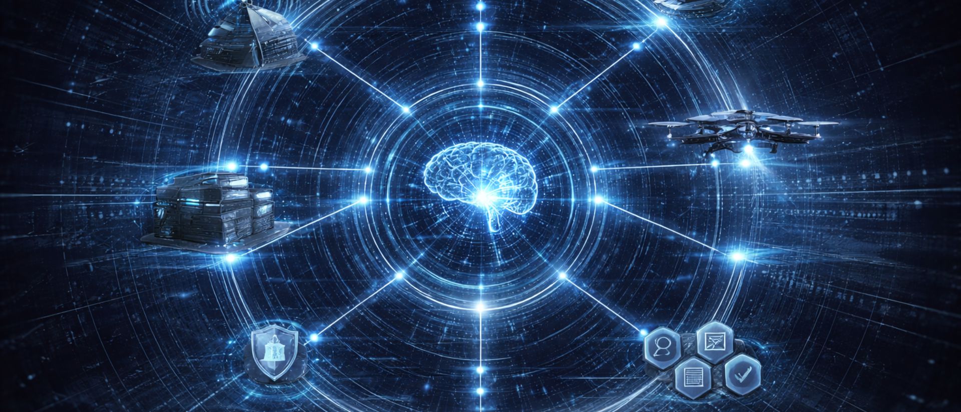 Governed AI core connecting data platforms, unmanned systems, security and assurance controls